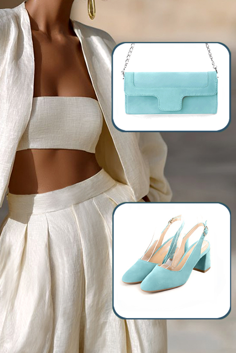 Dress slingback heels in aquamarine blue leather with medium flare heels and round toe - Worn view
